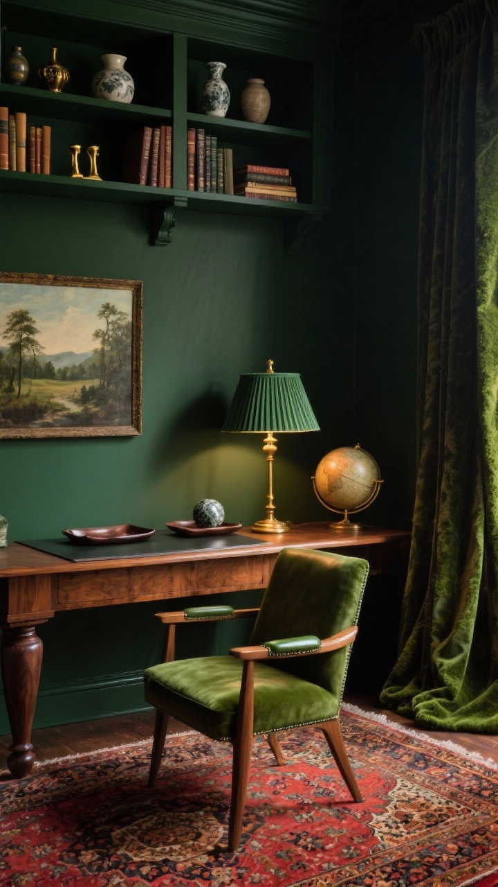 Medium shot, Moody Forest Study: matte deep forest green walls, dark walnut built-in bookshelves with books, ceramic vessels, antique brass bookends, substantial vintage-inspired pedestal desk with leather blotter, mid-century wood frame chair upholstered in forest-green leather (or olive velvet), green-shade banker’s lamp glowing on the desk, brass floor lamp with pleated shade adding golden library glow, Persian-style rug with rich reds, rusts, and hints of green anchoring the scene, vintage globe, framed landscape oil paintings, dark marble paperweight, leather tray for essentials, mossy velvet curtains lightly puddling on the floor; photorealistic, straight-on view with warm, moody lighting.