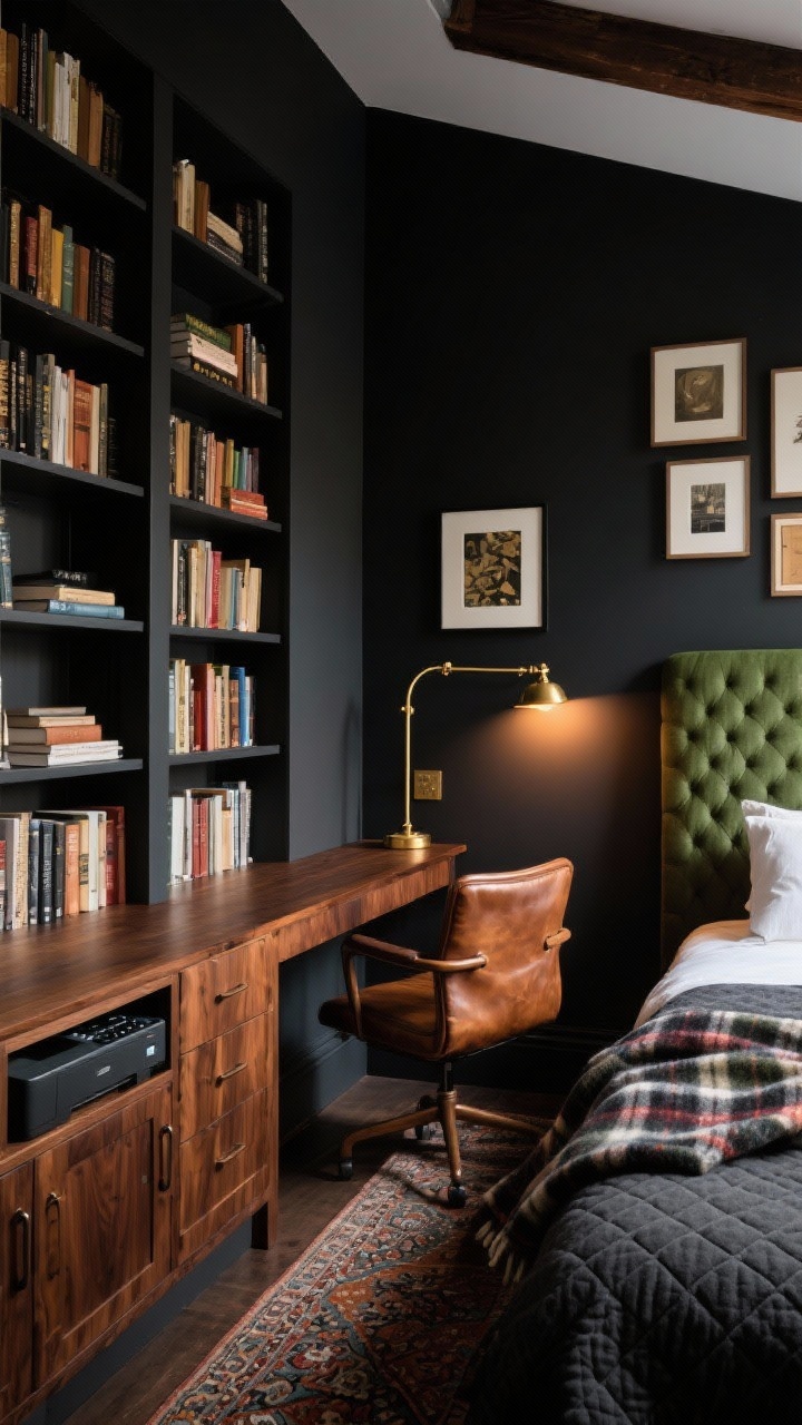 Medium shot, Moody Library Loft: a dramatic small bedroom-office corner with deep charcoal walls, a vintage-inspired walnut desk beneath floor-to-ceiling bookcases filled with books, lower cabinets with doors concealing a printer. Brass swing-arm sconce above the desk, leather desk chair, and a small Persian-style runner under the desk. Adjacent view shows an upholstered headboard in forest green with a charcoal quilted coverlet and a plaid wool throw layered at the foot. Art is layered salon-style above the bed with a dedicated picture light. Dimmable warm lighting for an enveloping, focused mood; nighttime ambiance. Materials: walnut wood, brass, leather, wool. Photorealistic, angled corner perspective emphasizing depth and coziness.