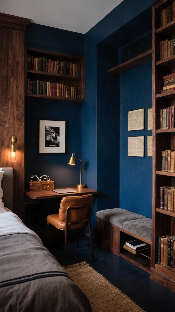 Medium shot, Moody Library Meets Laptop Loft: A dramatic mini study alcove between tall built-in walnut bookcases painted in inky blue walls with a velvety matte finish; compact walnut desk nestled between shelves; slim brass picture light above the desk and a small banker’s lamp on the surface; camel leather desk chair; vintage-style storage boxes for cords; black-and-white photography and framed vintage book pages on adjacent wall; stone-colored linen bedding with dark piping visible beside the alcove; narrow bench with flip-top storage at bed foot; dark jute rug grounding the space; layered lighting with brass library sconces near the headboard, warm dimmable bulbs; boutique hotel, cozy speakeasy vibe; corner angle, evening glow, photorealistic.