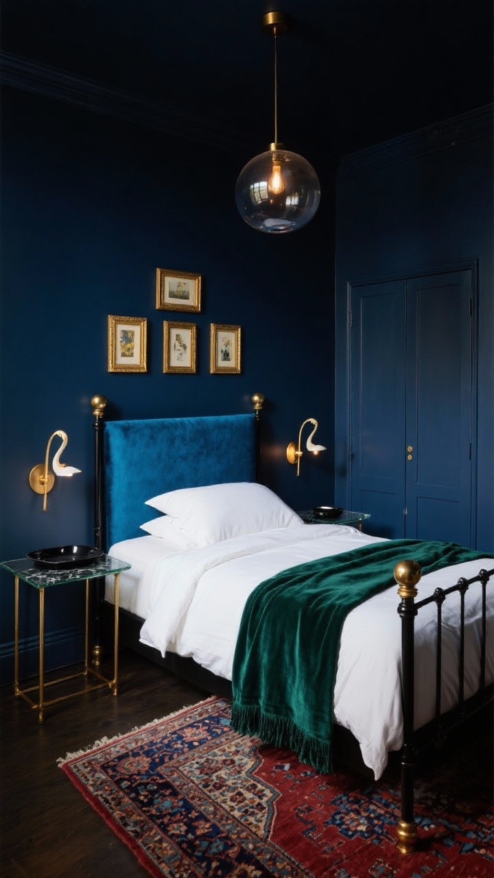 Medium shot, Moody Modern Jewel Box: A cocooned small bedroom corner with inky navy walls and a peacock blue velvet headboard on a slender black metal bed frame. White percale bedding balances the darkness, with a velvet throw in emerald at the foot. Glass-top side tables with brass legs flank the bed; plug-in sconces with brass swan-neck arms provide warm light, and a smoked-glass globe pendant hangs above for a diffused glow. A compact armoire painted to match the walls visually recedes. A Persian-style rug in garnet and indigo peeks from under the bed. A tight gallery of small gold-framed art is arranged over the headboard, with a black marble tray on the nightstand. Low, moody evening lighting, corner angle, photorealistic.