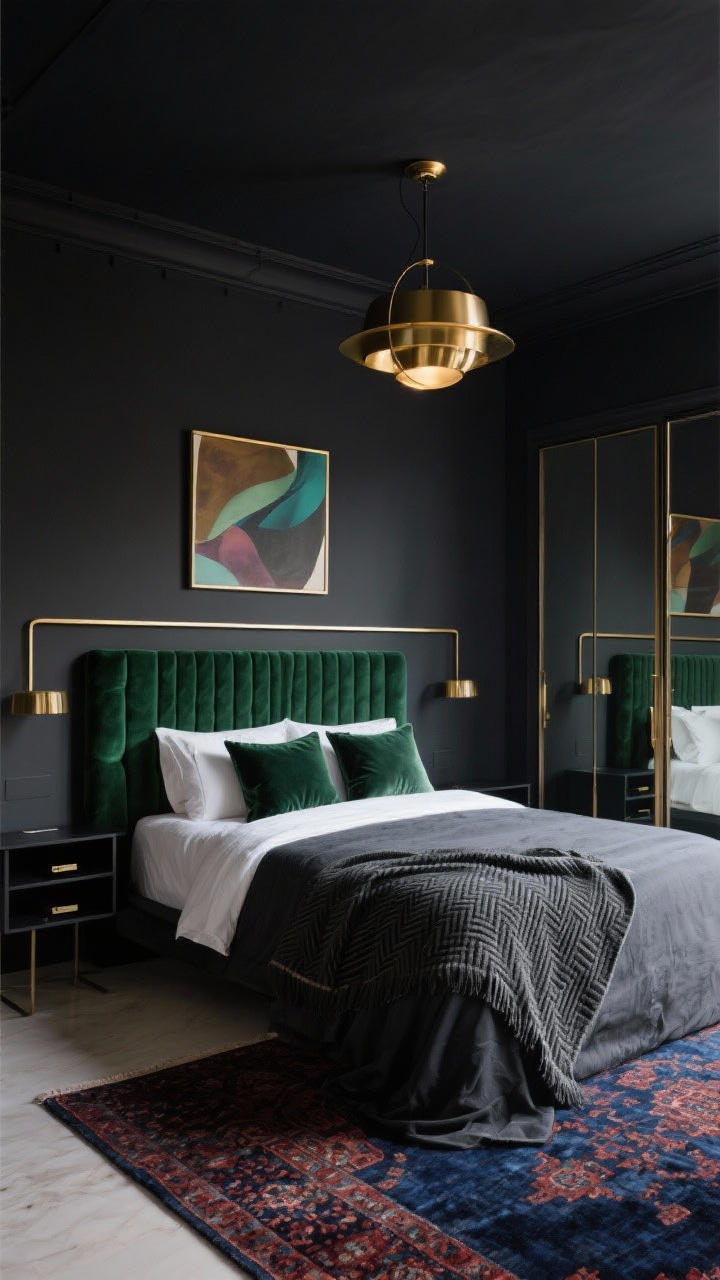Medium shot, Moody Modern Jewel Box: A cocooning bedroom with walls and ceiling painted deep inky charcoal, highlighted by a forest green velvet channel-tufted headboard against crisp hotel-style white linens. Floating black nightstand shelves with hidden drawers keep the floor clear; a brass globe pendant centered over the bed glows warmly, while a thin brass picture rail above the headboard holds one large abstract print in muted jewel tones. Textiles include a charcoal duvet, micro-herringbone throw, and two velvet Euro shams; a low-pile Persian-style rug in inky blues and garnet peeks from beneath the bed. Sliding mirror closet doors reflect the scene, enhancing depth. Photorealistic, straight-on view, moody luxe lighting.