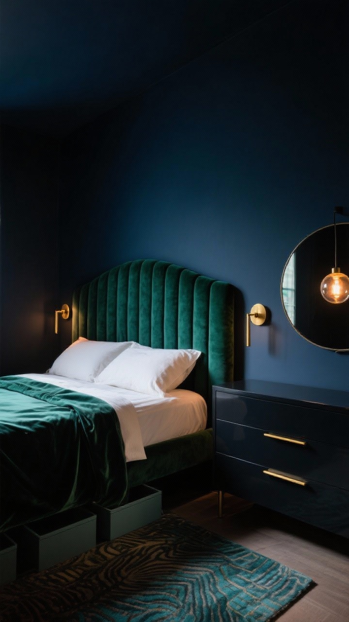 Medium shot, Moody Modern Jewel Box: A dramatic small bedroom corner with deep blue-black walls and a curved channel-tufted headboard in velvet emerald set against the inky backdrop. Brass plug-in sconces flank the bed, silk-like bedding with a thin patterned rug in muted jewel tones underfoot. A lacquered charcoal dresser with slim brass pulls sits nearby with a round smoked mirror above, subtly reflecting a warm bulb from a small globe pendant. Include discreet under-bed storage bins partially visible. Photorealistic, moody low-light ambiance with warm highlights, angled corner perspective.