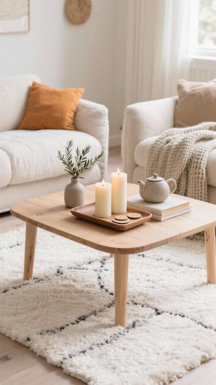 Medium shot, Nordic Hygge Harvest: light ash wood coffee table on a plush ivory rug, flanked by cloud-soft sofas in an airy palette of oatmeal, fog, honey, and soft pumpkin. Centered low oak tray holding a trio of unscented pillar candles at varying heights, a greige stoneware teapot, and a small stack of linen-bound books. A single sprig of rosemary or olive in a tiny bud vase adds quiet greenery. Textures of wool, linen, raw wood, and stone. A chunky knit throw draped within reach; a minimal coaster set tucked into the tray. Soft, natural daylight for serene warmth. Photorealistic, straight-on.