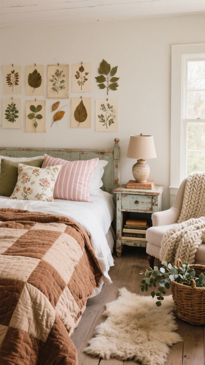 Medium shot of a cozy cottage bedroom focusing on the bed and nightstand: flannel duvet layered with a quilt in cinnamon tones; mix-and-match pillows in floral and ticking stripes (envelope-style covers); above the bed, a DIY seasonal gallery of botanical prints and pressed leaves; distressed nightstand with a ceramic lamp and a small stack of beloved books; to the side, a slipper chair draped with a cable-knit throw and a wicker basket filled with eucalyptus stems; faux-shearling rug beside the bed; palette of cinnamon, blush, cream, and olive; soft morning light, tactile textures, photorealistic.