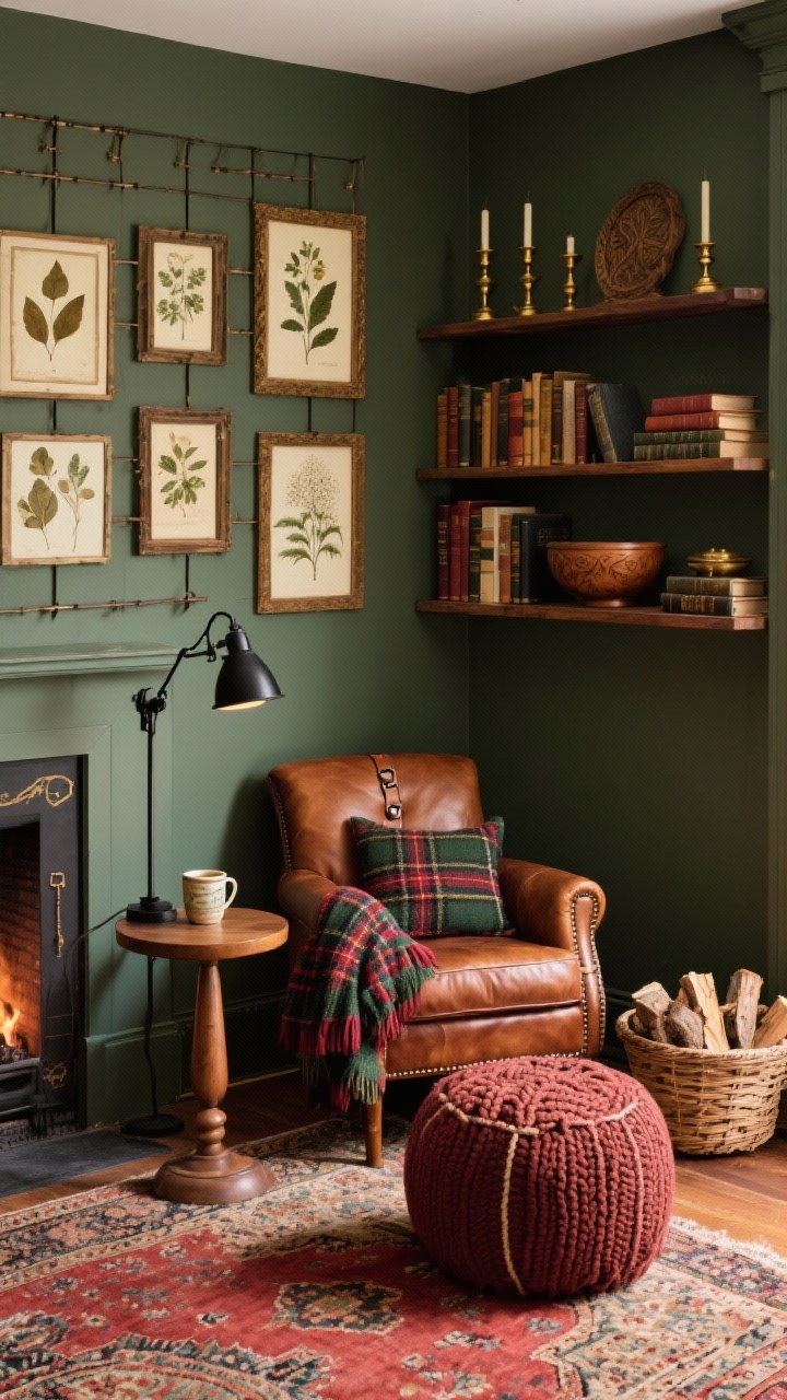 Medium shot of a fireside library nook corner: buckled tobacco leather armchair with a tartan wool throw and a wool plaid pillow, cable-knit ottoman pouf; small round wood side table with a ceramic mug; black swing-arm sconce for reading light; above, a DIY gallery grid of vintage botanical prints and pressed leaves in thrifted frames; shelves styled with stacked books, antique brass candlesticks, and a carved wooden bowl; Persian-style rug in earthy reds underfoot; basket of logs nearby; palette tobacco leather, oxblood, forest green, brass, espresso wood; warm, collegiate, deeply cozy, photorealistic.