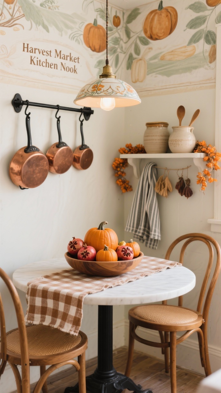 Medium shot of a “Harvest Market Kitchen Nook”: round bistro table with two bentwood chairs; gingham table runner and cinnamon-toned linen napkins; shallow wooden bowl centerpiece filled with mini pumpkins and pomegranates; small black metal pot rack on the wall displaying copper pans; ceramic crocks with wooden spoons, striped tea towel, dried orange garland draped over a nearby shelf; palette of cream, cinnamon, pumpkin, and soft sage; a petite fresco-style pendant overhead casting warm light; fresh, edible market vibe, photorealistic, no people.