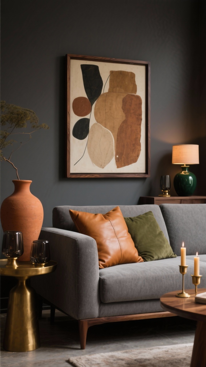 Medium shot of a living room vignette showcasing warm, moody colors: camel and cognac leather pillow covers on a gray sofa, a terracotta vase with earthy-toned abstract art in smoked oak frames above, and brass accents on a side table. Candles in smoked glass holders and a deep green ceramic vase complete the palette. Balanced lighting with warm-toned ambient glow to soften the cool gray furniture, emphasizing brass and natural wood to counter cool tones. Color palette: camel, cognac, terracotta, deep green, soft charcoal.