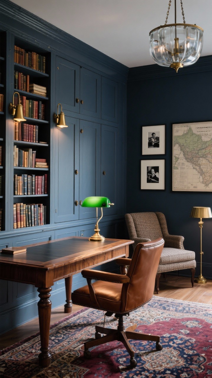 Medium shot of a Moody Library & Gentleman’s Study corner: charcoal/slate-ink blue matte walls with floor-to-ceiling built-in bookcases, shaker doors on the lower cabinets; books stacked horizontally and vertically; antique brass picture lights casting warm glow over shelves; a substantial walnut executive desk with chunky legs, a cognac leather desk chair with modern silhouette; vintage Persian rug in muted burgundy and navy underfoot; banker’s desk lamp with green glass shade on the desk; smoked glass chandelier glimpsed overhead; wall decor includes framed vintage maps and black-and-white photography with thick ivory mats; a tweed club chair with a brass floor lamp forming a reading nook in the background. Photorealistic, moody layered lighting, angled corner perspective.