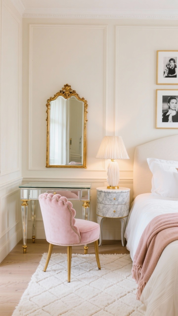 Medium shot, photorealistic: A Parisian-inspired petite bedroom vignette with creamy walls featuring applied box molding. A 32–36" glass-top desk with polished brass legs and a small lucite drawer sits lightly against the wall, paired with a compact blush velvet scallop-back chair. A tall gilt-framed mirror leans above, doubling light. On one side, a marble-topped nightstand with curved edges; a pleated fabric shade table lamp glows warmly. Textiles include an ecru duvet, blush throw, and an ivory herringbone wool rug visible underfoot. Above the headboard out of main focus: a hint of salon-style black-and-white photography in thin gold frames. Soft, romantic daylight with subtle glam. Straight-on elegance.