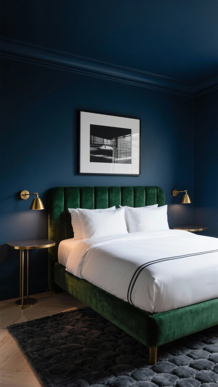 Medium shot, straight-on: A moody boutique-style small bedroom wrapped in deep midnight blue walls and ceiling, creating a cocoon effect. A full-size bed centered with a velvet-upholstered headboard in forest green stands out. Ultra-slim pedestal tables flank the bed, each under a swing-arm brushed brass sconce providing warm, focused light. Bedding is tight and crisp: a white percale duvet with a thin charcoal border and two hotel pillows. On the wall above the console opposite the bed, an oversized black-and-white photograph in a thin black frame adds drama. Underfoot, a hand-tufted charcoal-on-charcoal patterned rug layers subtly without clutter. Photorealistic, low evening lighting with brass highlights, glamorous boutique vibe.