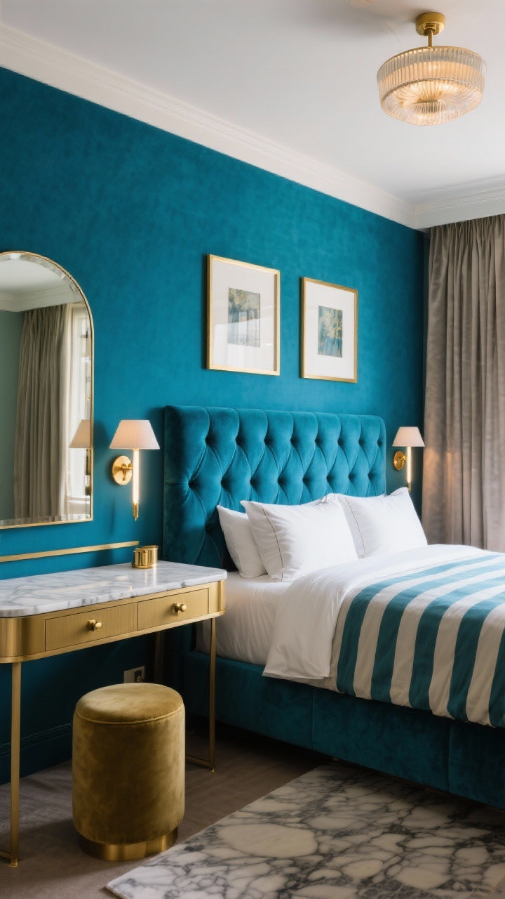 Medium shot, straight-on: Boutique hotel glam bedroom vignette with a saturated feature wall in peacock blue behind a velvet tufted headboard. A marble-topped nightstand with brass accents (drawer pulls, lamp base) sits to one side; a slim brass-framed mirror reflects a statement flush mount overhead. Bedding is tailored: hotel stripes with a down-alternative insert and two euro shams for height. Sconces with backplates flank the headboard, and a glow-stick lamp adds ambient light on the nightstand. A narrow console used as a vanity/desk with a rounded stool tucked beneath. Symmetrical prints hang above the bed, a silky low-pile rug coordinates with the palette, and ceiling-mounted, floor-grazing drapes elongate the room. Intimate, polished, photorealistic.