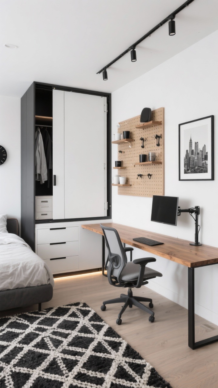 Medium shot, straight-on office wall: A modern transformable small bedroom featuring a horizontal Murphy bed with a smooth white front closed against the long wall, adjacent to a wall-to-wall desk with a thin black metal frame and oak top. Above the desk, a neatly organized pegboard panel holds shelves, cups, and hooks; a hinged monitor arm is swung aside to keep the desktop clear. Opposite, a low-back ergonomic chair tucks fully under. Storage includes a ceiling-high cabinet tower with doors for clothing and a shallow file drawer unit beneath the desk. Lighting is crisp and graphic: track lighting across the ceiling and an under-cabinet LED strip washing the desktop. White walls, black metal accents, warm oak, with a geometric flat-weave rug in black and ivory, and a framed black-and-white cityscape plus a matte black clock for a streamlined look, photorealistic.