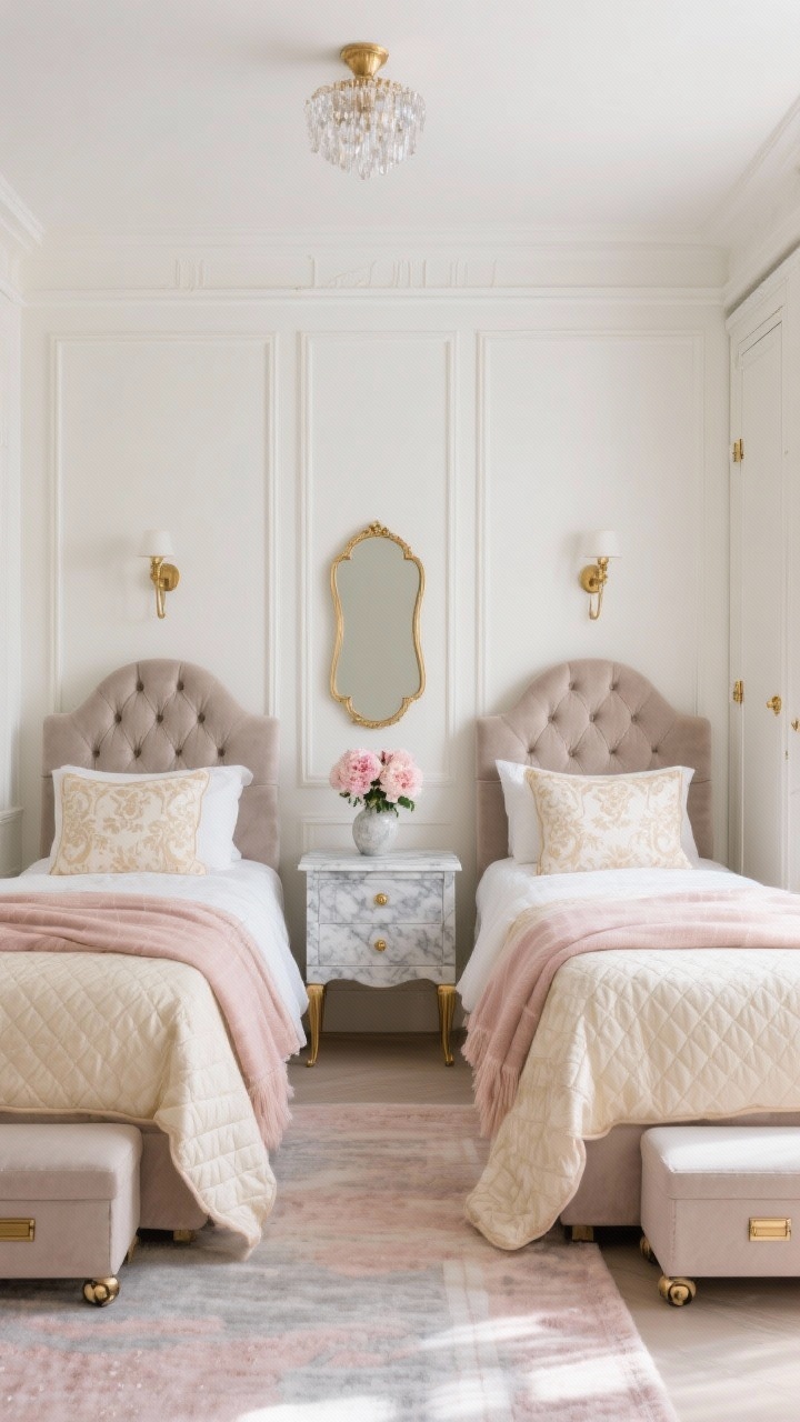 Medium shot, straight-on symmetry: A petite Parisian twin suite with two upholstered twin beds side by side separated by a slim gap, each with arching tufted headboards in pale taupe velvet. Between them sits a dainty marble-topped nightstand with brass hardware, topped by a small vase of peonies. Walls in creamy white with elegant picture frame molding; trim matches. Quilted coverlets in warm ivory, layered blush throws, and Euro shams in a subtle damask pattern. Above each headboard, petite brass wall sconces; overhead, a petite crystal flush mount. A gilded mirror centered above the nightstand. Built-in wardrobe painted to match trim with brass knobs visible on one side; tailored bed skirts concealing under-bed rolling boxes. A light vintage-look rug in faded blush and soft gray underfoot. Soft, diffused daylight for a serene, luxe mood, photorealistic.