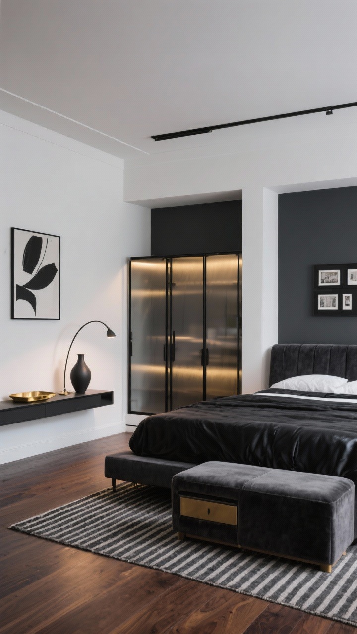 Medium shot, Urban Gallery vignette: crisp white walls with a moody charcoal accent wall behind a low-profile platform bed featuring a black leather or charcoal velvet headboard; wardrobe with slim black metal frames and smoked glass sliding doors glowing softly from internal lighting; mid-tone walnut or dark-stained wood floor; a narrow console shelf used as a nightstand with a brass tray and a single sculptural vase; slim arc lamp curving over the bed; compact storage ottoman at the foot; a striped rug to elongate the room; one oversized abstract artwork or a tight gallery grid on the charcoal wall; palette of white, charcoal, black, walnut, with hits of brass; evening ambience with subtle wardrobe illumination, straight-on view, photorealistic, no people.