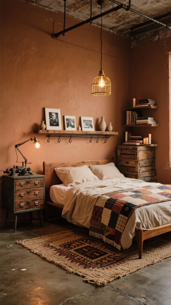 Medium shot, Warm Vintage Workshop: An intimate, storied small loft bedroom with warm clay-painted walls and original concrete floor layered with a flat jute rug under a patterned Kilim. Mid-century teak bed dressed in oatmeal linen bedding and a patchwork quilt. On one side, a vintage machinist cabinet nightstand with many small drawers; on the other, stacked thrifted wooden crates as shelves with books and candles. Above the bed, a salvaged wood ledge holding framed black-and-white photos and small ceramic vases. A slim wrought iron rail mounted on the wall with a few hangers. Bare-bulb pendant with a brass cage overhead and an adjustable clamp lamp clipped to the ledge. Textures: linen, jute, teak, raw metal, worn leather. Warm, cozy evening glow.