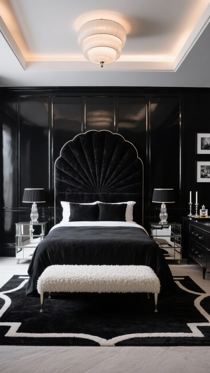Medium, straight-on bedroom shot — Deco Noir Bedroom: Monochrome palette of black, white, charcoal, and mirrored chrome. Centered tall fan-shaped headboard upholstered in black velvet/suede against a lacquer-black paneled feature wall with thin chrome inlay lines. Flanking the bed: stepped-edge mirrored nightstands with petite ribbed-glass bedside lamps, black silk shades with white trim. At the foot: an ivory bouclé bench. Thick black-and-ivory rug with a sharp Art Deco border frames the room. Overhead, a flush-mount ceiling fixture with stacked frosted disks casts a warm diffused glow. On a dresser to the side: fluted chrome candlesticks and a black glass tray with perfume bottles. Add black-and-white photography in stepped frames. Mood: cinematic, sensual nighttime drama, balanced glow and shadow, photorealistic, no people.