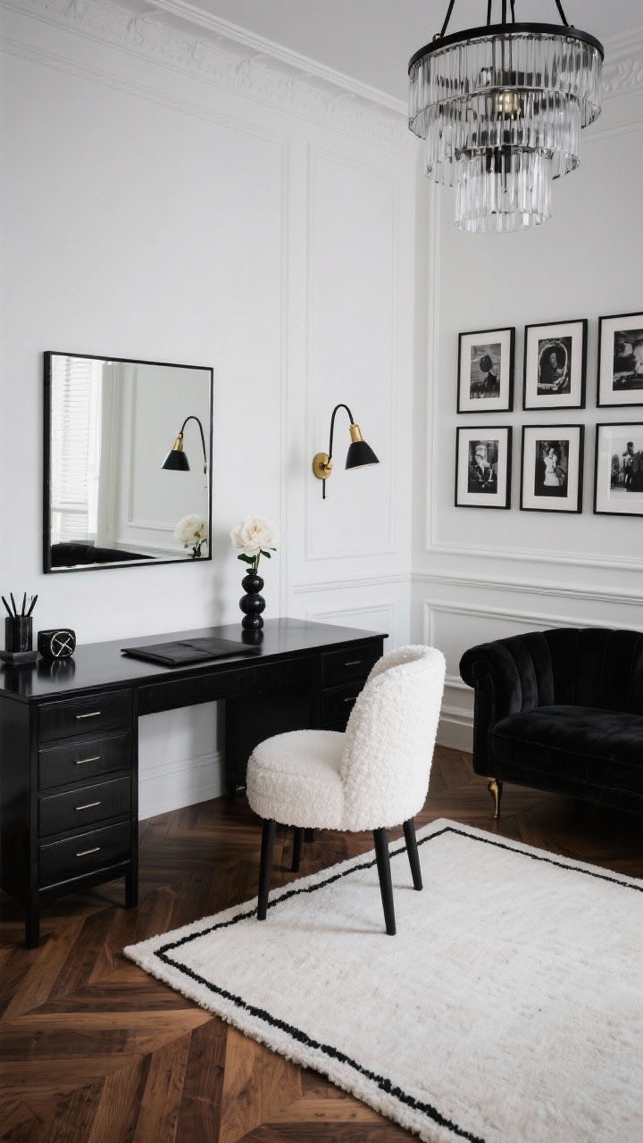 Medium, straight-on corner angle, photorealistic, The Parisian Noir Atelier: a black lacquer Parsons table desk with mirror-like high-gloss reflection against crisp ivory walls with charcoal panel molding; gallery wall of black-and-white photography above a low matte-black credenza with fluted drawer fronts; seating includes a snow-white bouclé barrel chair and, opposite, a petite deep-ink velvet settee; smoked-glass chandelier overhead and a black swing-arm wall sconce as task light; nearly-black stained herringbone oak flooring softened by an ivory rug with subtle black piping; accents include brass picture lights, a black marble catchall, and a vintage-inspired clock; meticulously styled desktop with onyx leather blotter, sculptural pen holder, and a single bud vase with white ranunculus; moody Paris-editor vibe, no people.