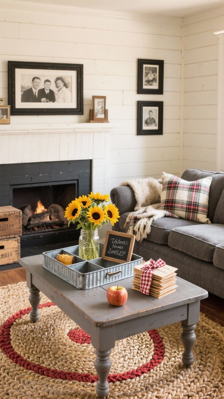 Medium straight-on, Farmhouse Heritage Hearth: cream shiplap walls, charcoal-painted fireplace, plush slate-gray sofa, braided wool rug, vintage crates and family photos in black frames, plaid throw over the arm. Sturdy square farmhouse coffee table with turned legs. On it, a galvanized metal caddy tray with divided sections holding a mason jar bouquet of sunflowers, a mini chalkboard sign with a warm greeting, a stack of recipe cards tied with gingham ribbon, and a spiced apple candle. Palette: cream, slate, barn red accents, sunflower gold. Textures: galvanized metal, wool, cotton gingham, weathered wood. Warm, welcoming light like late afternoon. No people, photorealistic.