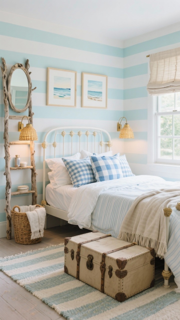 Medium straight-on photorealistic shot of a coastal cottage bedroom vignette: soft aqua walls or gentle sea-glass striped wallpaper, a white-painted iron bed placed beneath a window, crisp cotton bedding with a pile of striped and gingham pillows in sky blue and oat, Roman shades in natural linen, slim ladder shelves as nightstands holding essentials, woven rattan sconce shades casting a warm golden glow, a trunk-style coffee table at the foot of the bed for blanket storage, a flatweave rug in soft stripes visually widening the room; seaside moments include a driftwood mirror, watercolor seascapes in pale frames, and a basket of linen throws; breezy, bright, airy mood with open-window feel.
