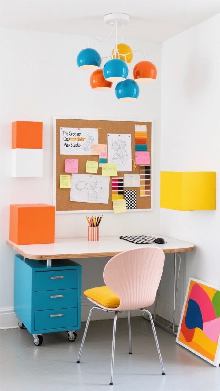 Medium straight-on photorealistic shot of “The Creative Color Pop Studio”: gallery white walls with saturated accents in cobalt, tangerine, blush, and marigold; modular laminate work table with rounded corners; cobalt rolling drawer unit under desk; molded shell chair in pale blush with chrome legs and a marigold cushion; large white-trimmed corkboard wall behind desk filled with sketches, sticky notes, and swatches; color-block storage cubes (bright orange, white, natural wood); statement cluster pendant overhead with colorful globe shades on; graphic accessories: striped pencil cup, checkerboard mouse pad, bold abstract print leaning casually on the floor; textures: smooth laminate, cork, powder-coated metal; bright, upbeat lighting; no people.