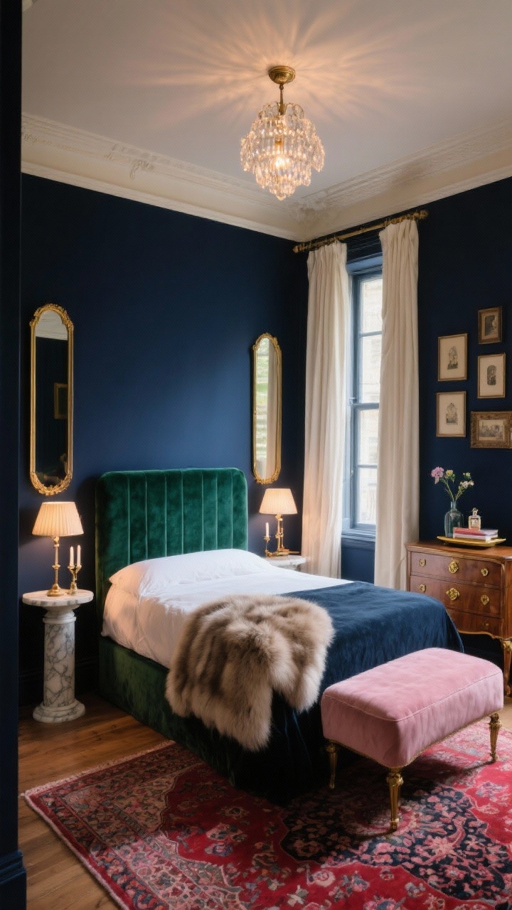 Medium straight-on shot, moody Parisian jewel box: A tiny bedroom with inky blue walls (near-black navy) and a softened cream ceiling. A slim emerald velvet headboard is flanked by two vertically hung narrow gilt mirrors. Petite marbled pedestal nightstands hold minimal objects. Lighting glows from a crystal flush-mount overhead and two candle-style sconces with linen shades. Cream, ceiling-height linen curtains frame the window; a blush ottoman and luxe faux fur throw sit at the foot of the bed. On the floor, a Persian-style rug in reds and pinks warms the scene. In the background, a narrow vintage dresser with brass hardware supports a tray with perfume, a bud vase, and paperbacks, with a petite gallery wall of vintage frames above. Romantic, evening ambience, photorealistic.