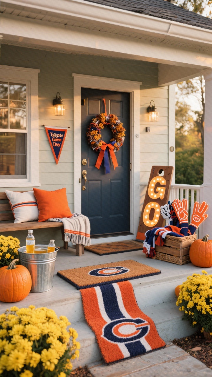 Medium, straight-on “Tailgate Game Day Entry” porch scene in late afternoon: striped outdoor runner and team-logo doormat in bold team colors; sturdy outdoor bench with a throw blanket and weather-resistant pillows in coordinating hues; galvanized beverage tub with sparkling water/cider on one side, crate of blankets on the other; traditional orange pumpkins and golden-yellow mums clustered for festivity; battery-operated marquee letters spelling “GO” glowing warmly; front door with a felt pennant wreath or round with ribbons in team colors; compact cornhole board leaned upright, basket holding gloves, scarves, and foam fingers; sporty, lived-in, welcoming vibe, no people.