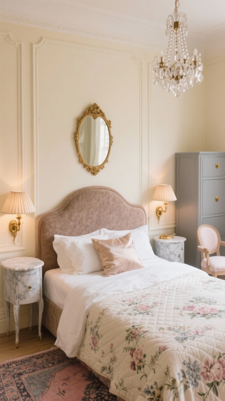Medium straight-on view, Vintage Parisian small bedroom: buttery cream walls with peel-and-stick picture-frame molding, curved upholstered headboard in taupe boucle, slim marble-top nightstands with delicate legs, antique brass sconces with pleated shades casting warm glow, gilded vintage-style mirror centered above bed, layered bedding with crisp white sheets, quilted coverlet, toile/floral duvet folded at the foot, silk accent pillow, petite Louis-style chair in corner, slim dresser painted muted gray with antique brass knobs, faded Turkish rug in dusty rose and slate; soft romantic ambiance with a small crystal/beaded chandelier; photorealistic.