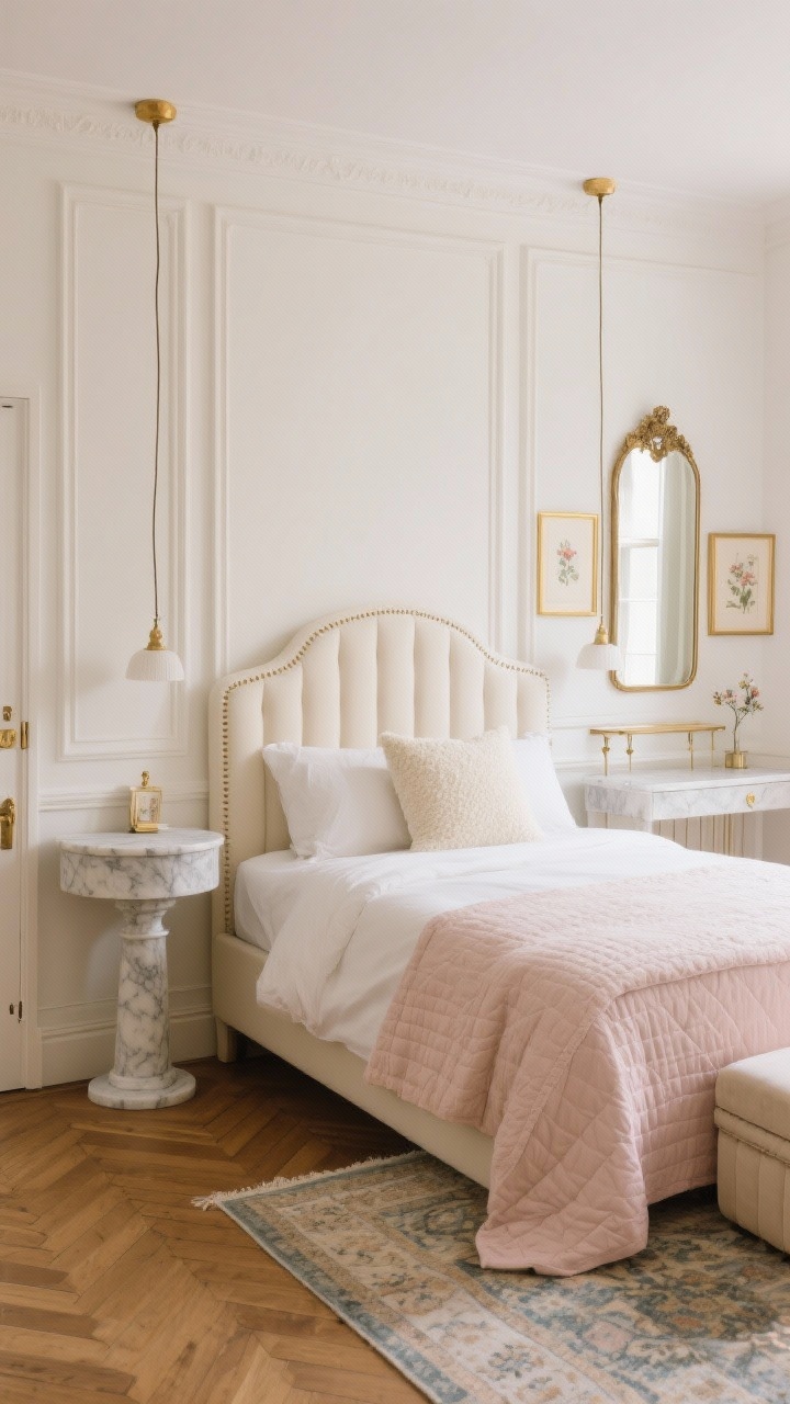 Medium, straight-on vignette: “Parisian Petite” wall with faux molding—two simple trim rectangles behind a cream curved bouclé or channel-tufted headboard; marble-topped pedestal nightstands on both sides; petite drop pendants hanging above each pedestal; opposite wall reflected in a leaning antique-style mirror, doubling the sense of space; bedding includes cotton sateen sheets, a light blush quilt, and cream bouclé pillows; herringbone (or faux vinyl) floor with a patterned vintage rug peeking from under the bed; details include gold picture frames with small floral art and a slim console used as a vanity; brass hooks behind the door and a discreet storage ottoman at the foot; soft, airy daylight with warm gold accents.