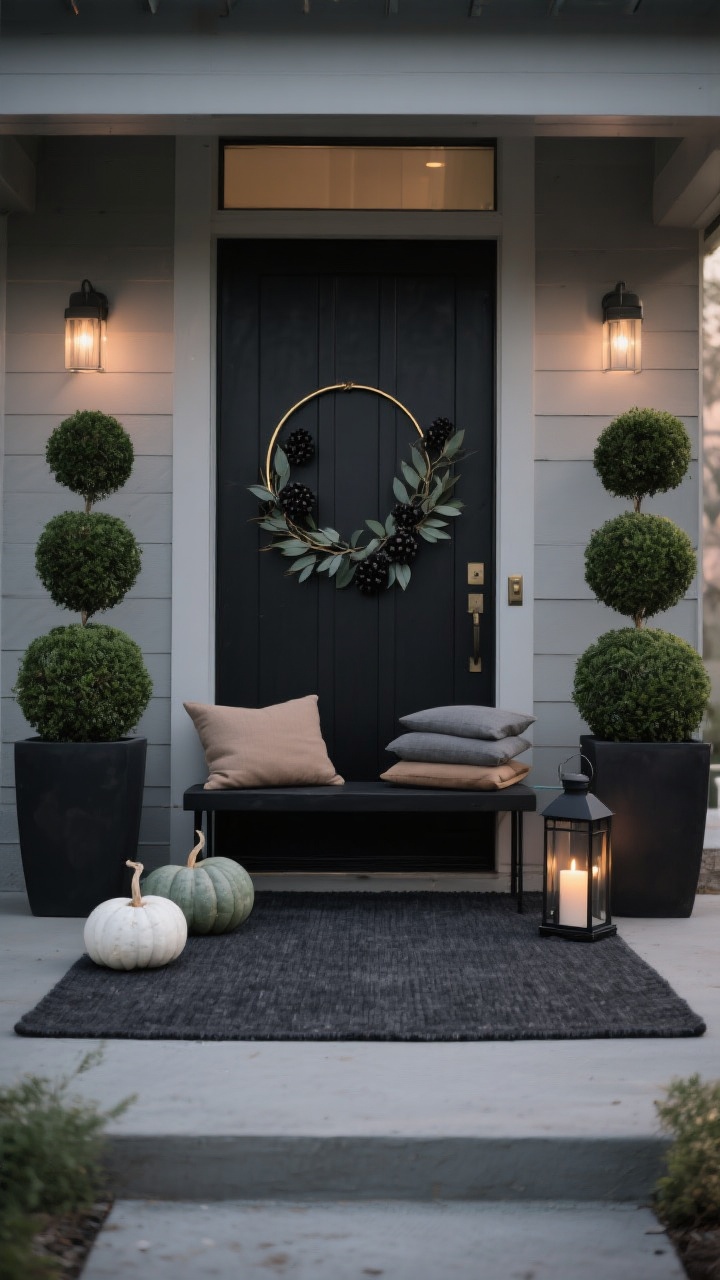 Medium, symmetrical, architectural front-door composition for a “Moody Modern Minimalist” porch at dusk: charcoal outdoor rug, matching matte black planters flanking the door with sculptural greenery (boxwood spheres/olive branches), a few muted gourds in white, gray, and sage placed with intention, a thin brass hoop wreath wrapped with eucalyptus and dried blackened seed pods centered on the door, a narrow black bench with a small stack of linen pillows in mushroom, slate, and warm taupe, black metal lanterns holding warm LED pillar candles for soft glow; restrained, high-contrast palette of black, charcoal, taupe, soft gray, muted sage; photorealistic, sleek, clean lines.