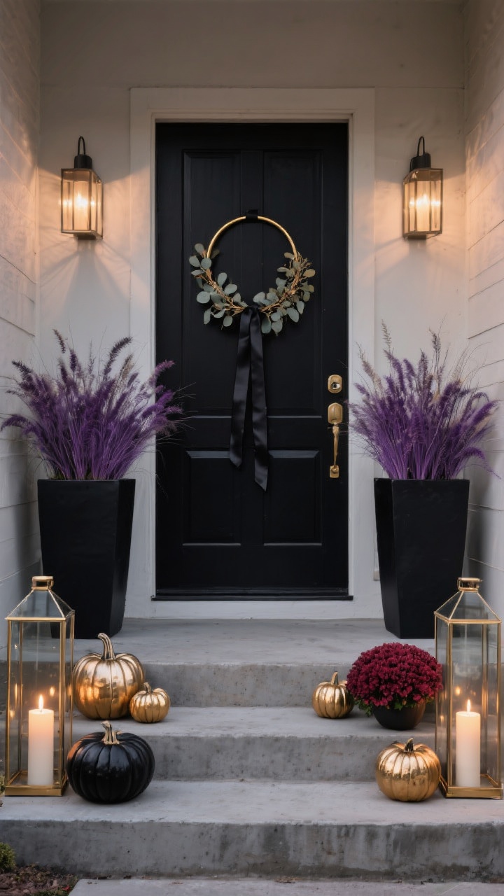 Medium, symmetrical front stoop shot: moody modern styling with a matte black front door, tall matte-black planters flanking it filled with purple fountain grass and deep burgundy mums. Concrete steps display painted matte-black pumpkins with a few metallic-brass mini pumpkins arranged in sharp, balanced symmetry. Slim brass-framed glass lanterns with warm LED pillar candles glow softly. A minimalist wreath hangs on the door: thin brass hoop with a single spray of dried eucalyptus and a long black ribbon. Color palette: matte black, brass, plum, cream. Evening ambient light with subtle reflections on metal and glass, photorealistic.