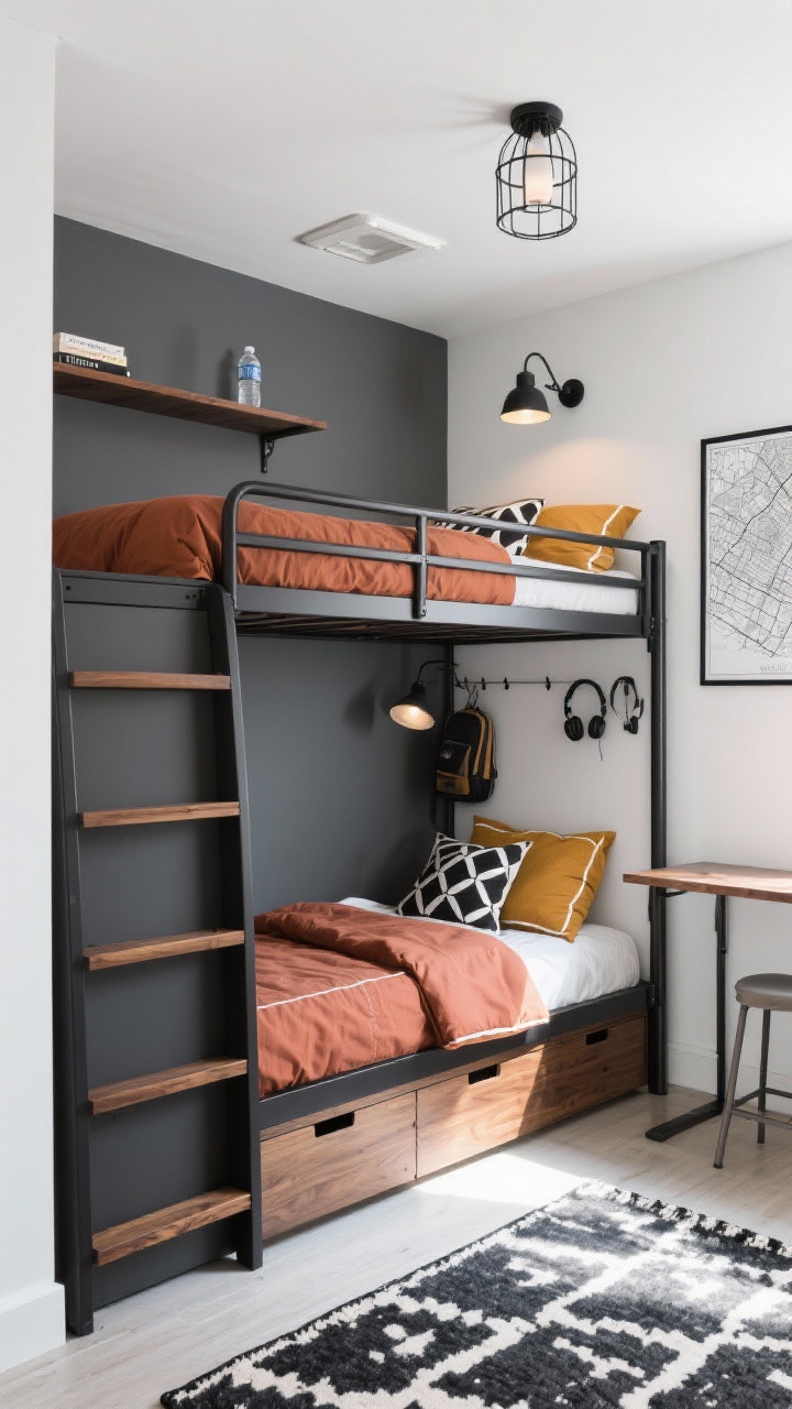 Medium-wide corner angle: A compact urban bunk nook featuring a built-in matte black metal bunk bed with warm walnut guardrails. Lower bunk slightly recessed with its own black swing-arm sconce; top bunk with a slim shelf for a book and water bottle and a matching sconce. One statement wall in graphite gray behind the bunk; remaining walls in soft white. Color scheme of charcoal, white, and wood with a pop of mustard or rust in the bedding—solid duvets with contrast piping and bold geometric throw pillows. Drawer steps integrated into the ladder partially open to reveal storage. A wall-mounted peg rail with bags and headphones. Overhead, a metal caged flush-mount light. On the opposite wall, a narrow wall desk with a simple stool and a framed monochrome city map above. Low-pile black-and-white patterned rug on the floor. Even, bright artificial lighting with subtle shadows, industrial yet cozy, photorealistic.