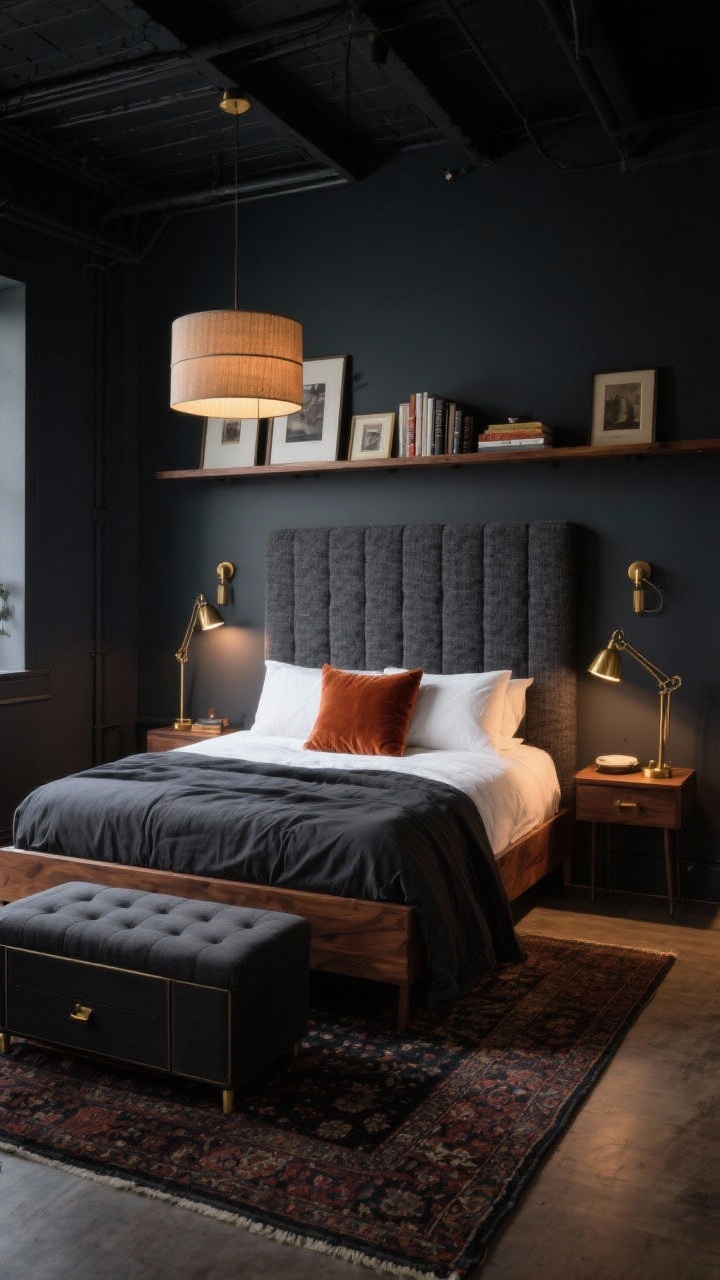 Medium-wide corner angle: A moody micro loft bedroom with rich charcoal walls and a walnut bed frame featuring a tall upholstered tweed headboard in dark gray. Tight, luxurious bedding: crisp white sheets, a charcoal duvet, and a rust velvet lumbar pillow. Layered lighting creates a warm glow—overhead drum pendant on a dimmer, slim wall-mounted sconces for reading, and a compact table lamp on one nightstand; swing-arm lamps are mounted to free surface space. A wall-to-wall shelf above the headboard displays leaned frames and books. A dark Persian-style rug extends just past the bed width. A storage ottoman sits at the foot of the bed. Aged brass accents on lamp bases and hardware. Intimate, cozy drama, photorealistic.