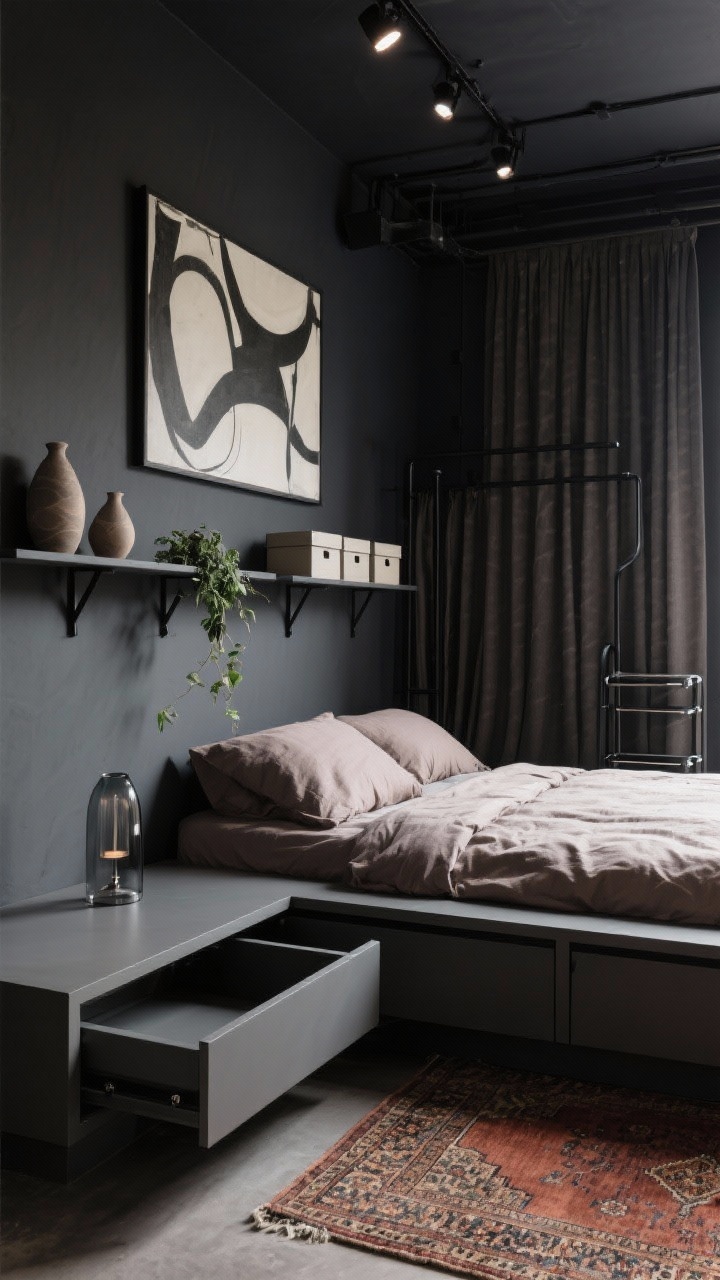 Medium-wide corner angle: A moody modern loft bedroom with deep ink walls, soft taupe bedding on a bed set into a custom low platform surround that runs the perimeter with lift-up lids revealing hidden storage, the platform doubling as a bench and display ledge with a smoked-glass table lamp acting as a nightstand, a wall-to-wall floating shelf above the bed styled with sculptural pottery and a trailing plant, an open gallery-style wardrobe with matte black hanging rails and uniform linen boxes up top, oversized abstract art and a vintage Persian runner in muted rust, floor-to-ceiling blackout drapes concealing a slim rolling cart behind one panel, dramatic track lighting on a dimmer