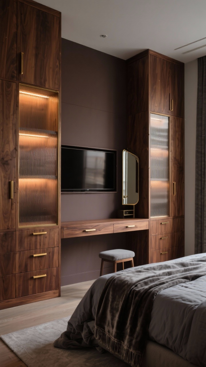 Medium-wide corner angle of “The Built-In Boutique Wall”: a custom built-in spanning the bed wall in warm walnut, with a center TV niche sitting flush, flanking tall cabinets with reeded glass doors, slim drawers below, and integrated warm 2700K LED strip lighting in the shelves for a soft glow. Color palette is rich and moody: deep taupe walls, walnut cabinetry, smoky gray linens on the bed, and a draped velvet throw. Hardware is slim brushed brass pulls. Include a discreet fold-down vanity hidden in one tall cabinet (partially open to reveal a shallow mirror and a narrow drawer), with a small stool tucked underneath. Evening ambiance, boutique hotel vibe, photorealistic.