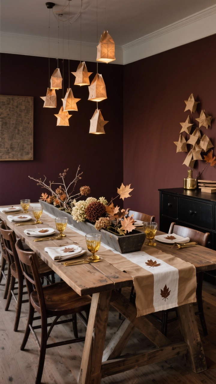 Medium-wide dining room with moody maple vibe, evening ambiance: one accent wall painted deep maple-brown/raisin against lighter wood trestle table and ladder-back chairs; table set with a runner made from layered kraft paper featuring a subtle white painted stripe; centerpiece is a long, low trough filled with foraged branches, dried hydrangeas, and maple leaves sealed with a satin clear coat; hand-dyed napkins (tea/coffee) and stamped leaf place cards, thrifted glassware with gold leaf edges; black buffet cabinet on the side; cluster of paper bag star lanterns hanging at varied heights above the table casting a soft autumn glow; palette maple, cinnamon, ivory, brass, charcoal; photorealistic.