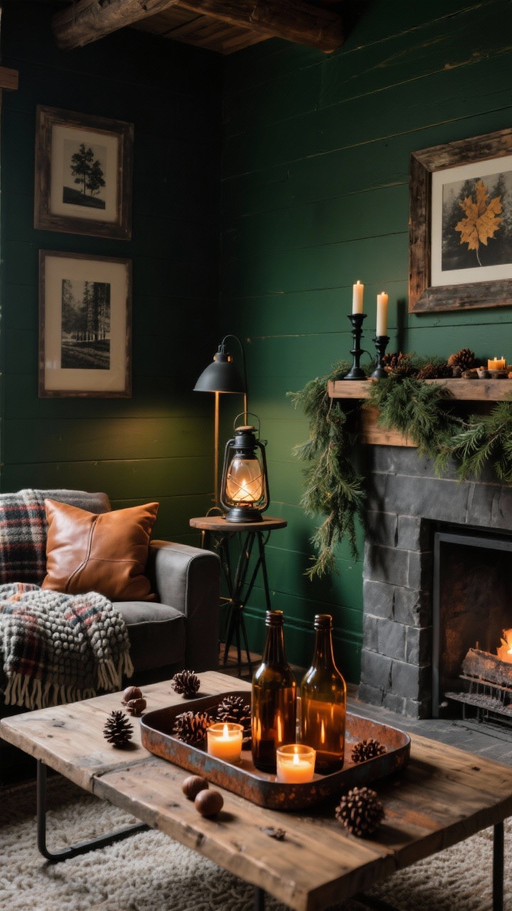 Medium-wide moody living room corner with cabin vibe: deep forest green accent wall, low-profile sofa with leather pillows, plaid throws, and a chunky knit blanket; low wood coffee table styled with a rusted metal tray filled with amber glass bottles, tea lights, and scattered acorns and pinecones; mantel draped with faux cedar garland and taper candles in matte black holders; iron floor lamp and a lantern-style table lamp switched on for dim, cozy lighting; palette of forest green, charcoal, cognac, and amber; include stained thrifted frames with black-and-white autumn prints; photorealistic, no people.