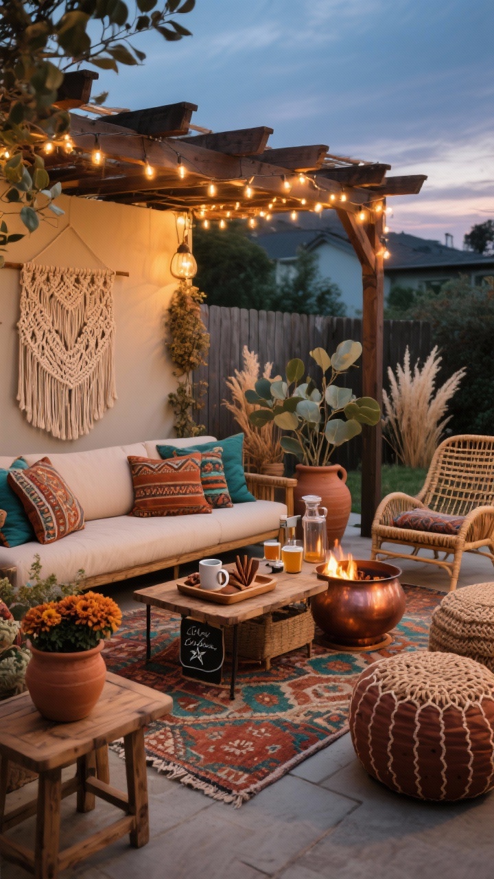 Medium-wide outdoor patio at twilight with luxe boho styling: low outdoor sofa layered with kilim pillows, patterned rug in rust and teal, rattan lounge chairs and woven poufs; copper fire bowl casting warm light; pergola wrapped in fairy lights, macrame wall panel hung against a fence; low coffee table styled as a DIY cider bar with a wooden tray, mugs, cinnamon sticks, star anise, and a glass dispenser labeled with a chalk tag; teak side tables; large terracotta vessels holding potted mums, eucalyptus, and dried grasses; palette rust, teal, sand, copper, espresso; boho, warm, sweater-weather mood; photorealistic.