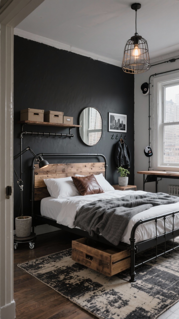 Medium-wide shot, angled from the doorway: “Industrial Studio Loft” with a deep charcoal accent wall behind the bed. Simple black metal bed frame with a reclaimed-wood headboard mounted to the wall. White duvet, gray flannel sheets, and a leather lumbar pillow. A slim pipe-frame closet rack with a top shelf holding storage boxes; a narrow console under the window doubling as a desk. Overhead caged pendant light casts a moody glow; a clamp lamp attached to the headboard for reading. Distressed-look rug in charcoal and sand tones ties wood and metal. Metal-framed mirror, two black-and-white city photos, and a small plant in a concrete pot. Wall hooks for jackets and caps; a rolling under-bed drawer peeking out. Palette: charcoal, tobacco, iron, oak. Photorealistic, moody atmosphere.