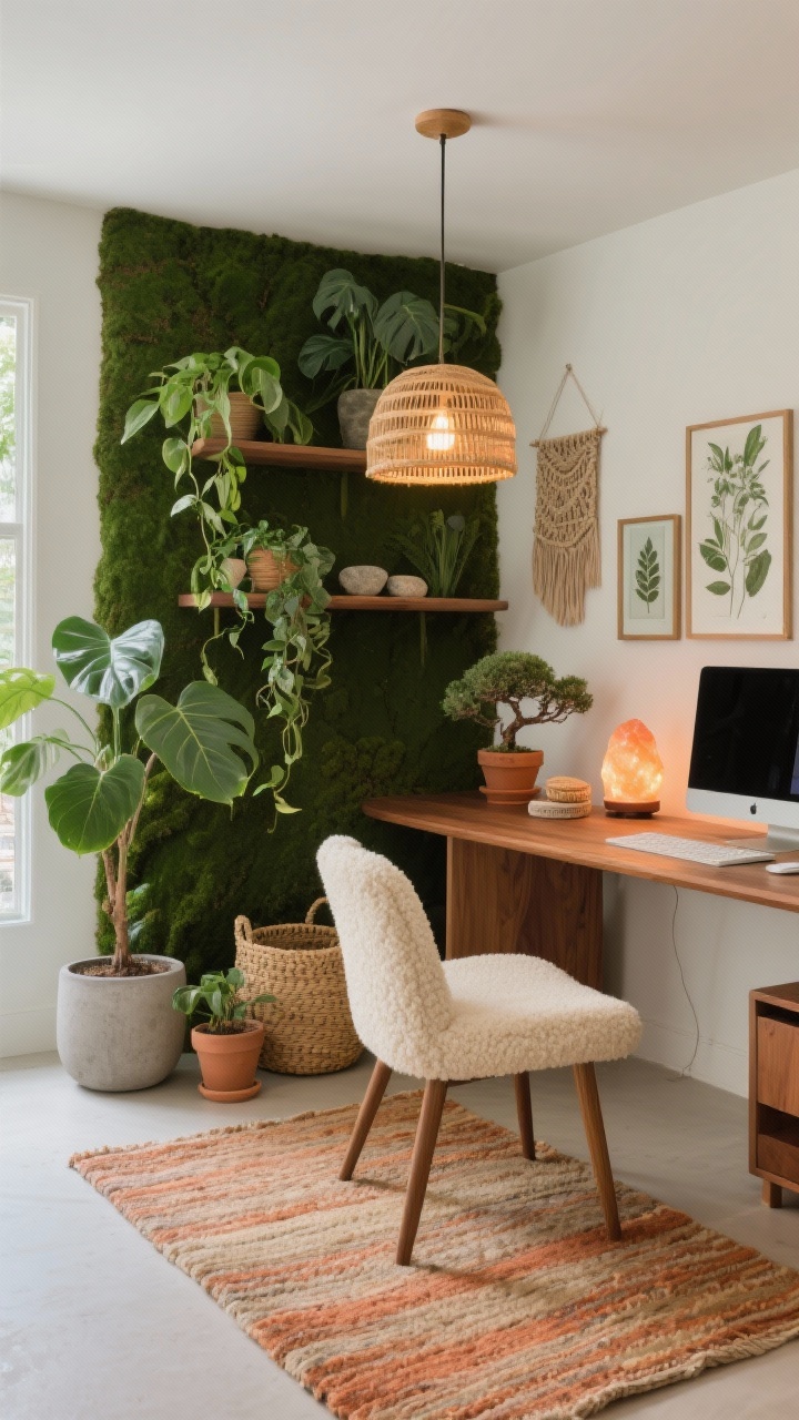 Medium/wide shot, Biophilic Nature Nook: mossy green accent wall behind a rounded-edge warm walnut desk; cream bouclé chair in front; flatweave rug in terracotta and sand grounding the space; layered plants—fiddle-leaf fig in a cement planter, trailing pothos on floating shelves, zz plants on the floor, a tabletop bonsai on the desk; woven baskets and terracotta pots unifying textures; full-spectrum desk lamp and high-CRI warm overhead bulbs, rattan pendant adding organic texture; a soft amber salt lamp glowing on a side surface; botanical prints and pressed leaves in glass frames, plus a small woven wall hanging; stone coasters, wooden monitor stand, linen desk mat; seagrass lidded basket tucked beside the desk. Photorealistic, natural daylight with warm ambient accents, three-quarter corner angle.