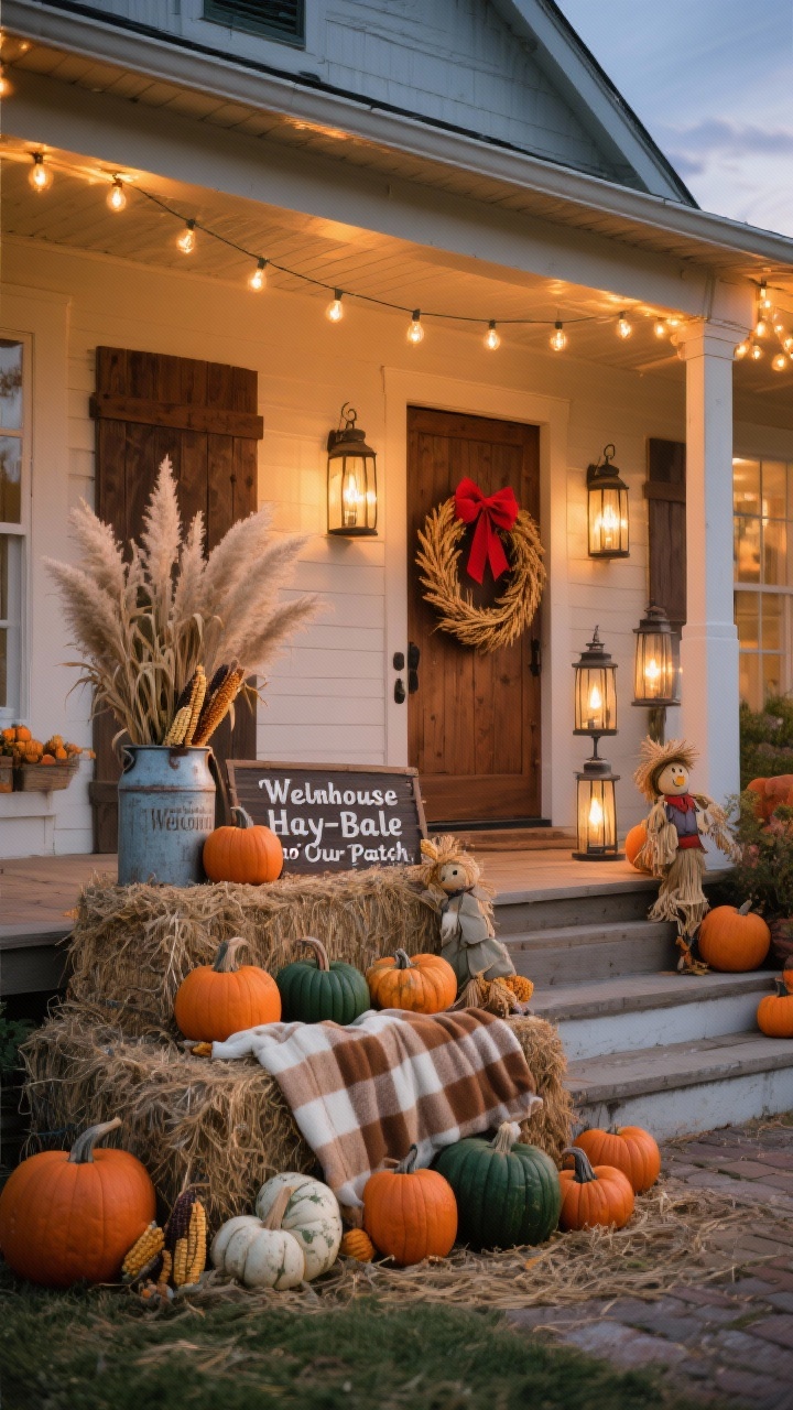 Medium-wide, three-quarter angle of a “Farmhouse Hay-Bale Landing” display at twilight: two small hay bales stacked as a tiered platform beside the steps; abundant pumpkins in classic orange, deep green, and mottled white cascading across the bales and steps; checked blankets in cinnamon and cream draped over the bales; vintage milk can stuffed with tall dried cornstalks or pampas grass adding height; opposite side balanced by three oversized lanterns of varying heights; edison string lights swagged across the porch ceiling casting warm glow; front door with a bold barn-red bow on a wheat wreath; wooden “Welcome to Our Patch” sign and a small straw scarecrow tucked into the arrangement; cheerful, photo-op ready, no people.