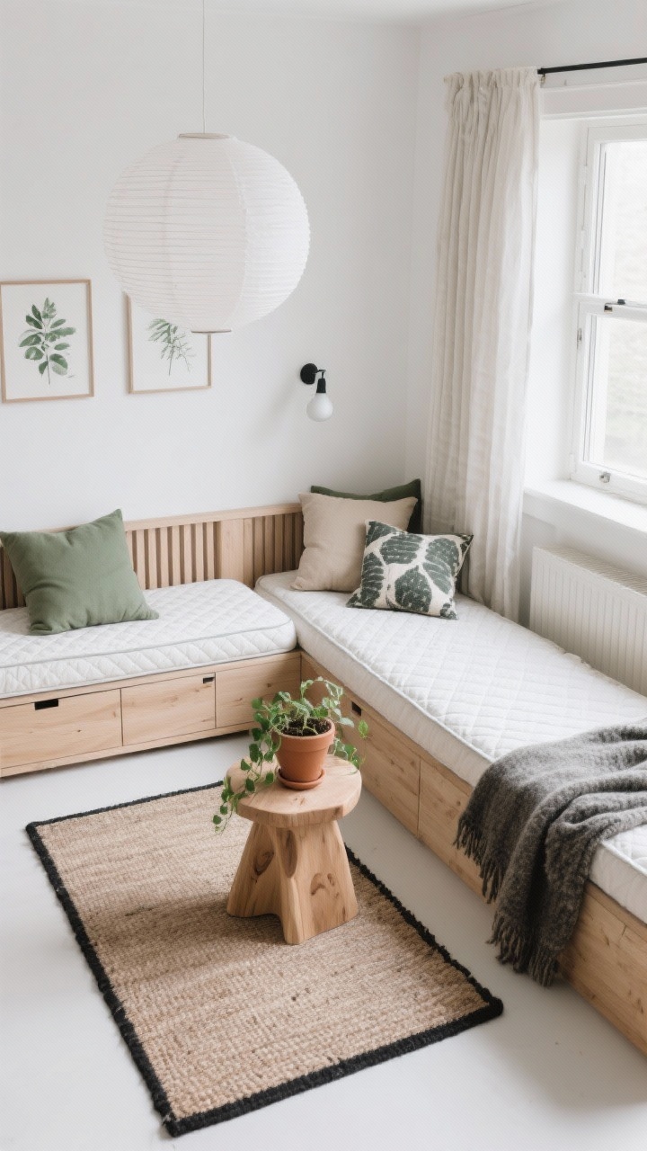 Overhead/angled detail-meets-room shot: A modern Scandinavian L-shaped daybed duo—two light oak, slatted-side daybeds, one along the long wall, one under a window—styled as sofas by day with quilted mattress covers. Chalk white walls, ash wood tones, accents of sage and charcoal. Textiles include nubby wool throws, oversized square pillows in sage and oatmeal, and one graphic lumbar pillow per bed. A low, wall-hung cabinet with push-to-open doors runs along the opposite wall for hidden storage, keeping the floor visually clean. Lighting includes a white paper lantern overhead and minimalist pin-up lights above each daybed. A flatweave natural rug with a thin black border defines the seating/sleeping zone; a sculptural wood stool as a side table holds a small terracotta planter with trailing pothos. Framed botanical prints on the wall; linen curtains and a narrow bench under the window to keep it airy. Bright, natural daylight, calm and minimal, photorealistic.