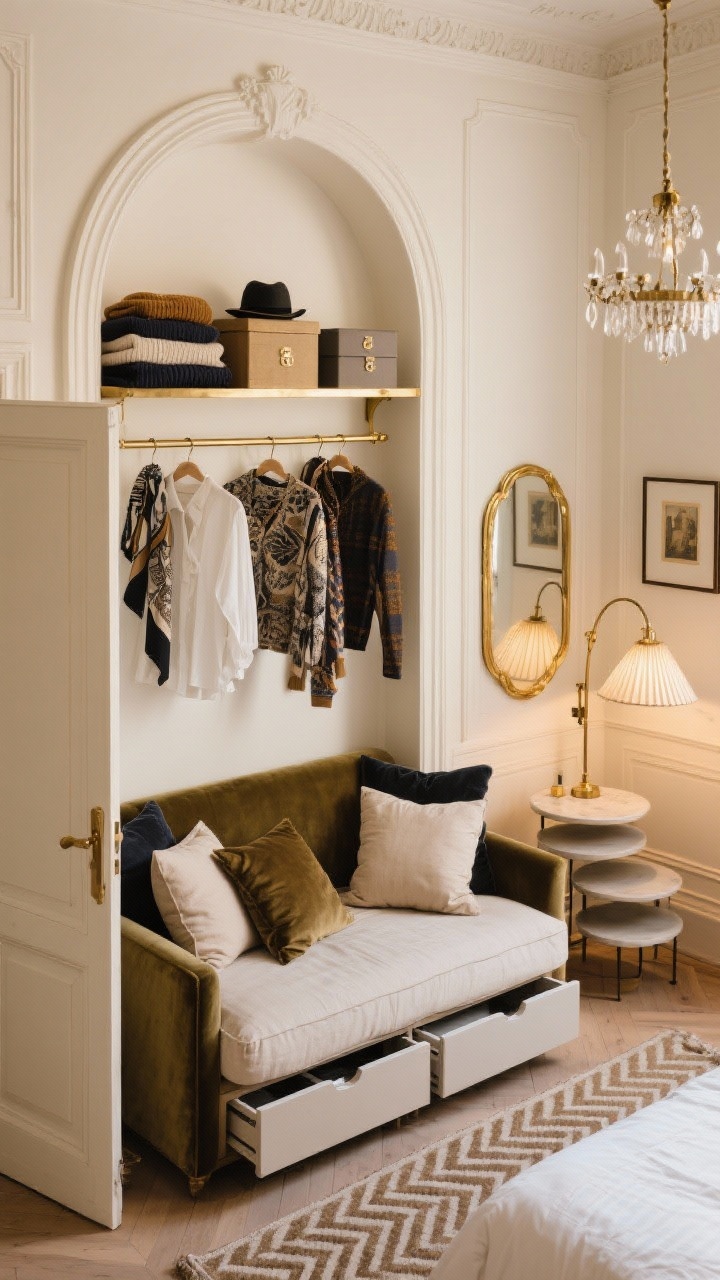 Overhead/angled detail shot from above the door: A Parisian chic studio bedroom vignette showing a high over-door shelf holding hat boxes and neatly stacked seasonal sweaters, warm ivory walls with picture-frame molding, an arched brass display rail above the daybed headboard showcasing blouses and scarves like wearable art, below a daybed-style sofa piled with velvet and linen pillows and deep trundle drawers slightly pulled out, a nesting side table set nearby, a petite chandelier glinting, swing-arm wall lamp with pleated shade on the wall, and a glimpse of a gilded mirror and herringbone-look rug for elegant, efficient charm, photorealistic lighting with gentle indoor glow