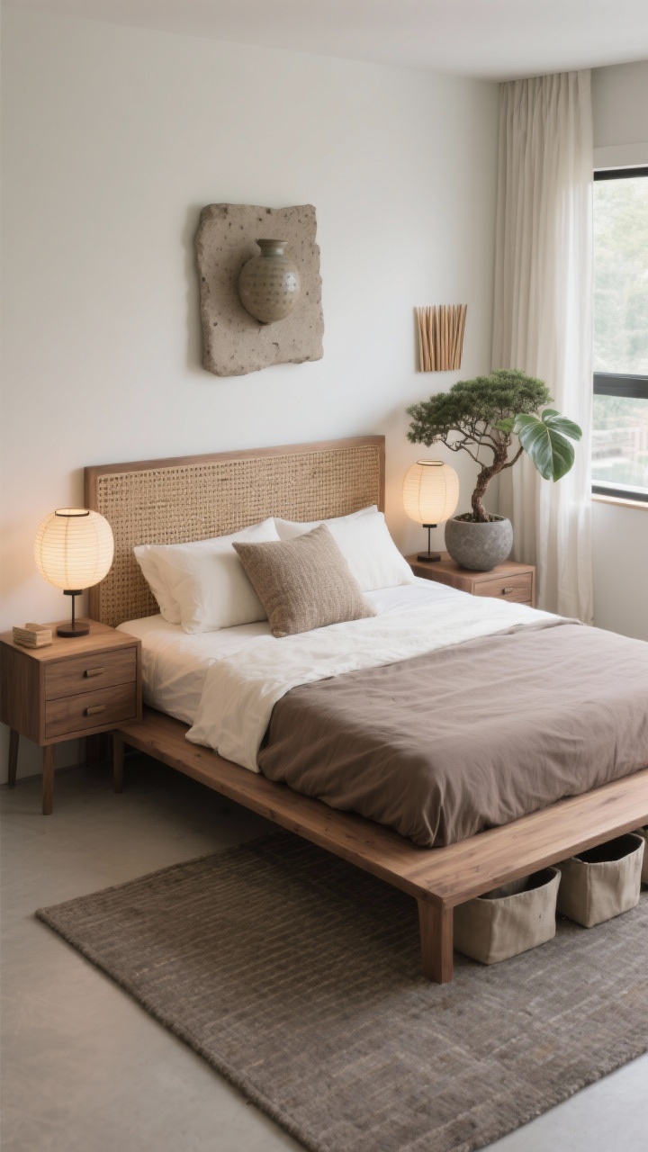 Overhead/angled detail to medium: Japandi zen platform composition centered on the low smoked-ash platform bed and wider natural woven headboard panel. Tonal bedding: ecru duvet, taupe sheets, a single textured-cotton lumbar pillow. Cube nightstands with hidden drawers sit on both sides, topped with paper lantern–shade fixtures emitting soft diffuse glow. Above the headboard, a single rough ceramic wall piece adds quiet drama. At the foot, a tatami-inspired flat rug in warm gray tones. A built-in-look dresser with flat-panel, handle-less fronts sits under the window; under-bed fabric bins partially visible. A low bonsai or rubber plant in a matte stone pot nearby; matchstick shades with off-white curtains lightly puddling. Photorealistic, gentle natural light, soothing, minimal, and tactile.