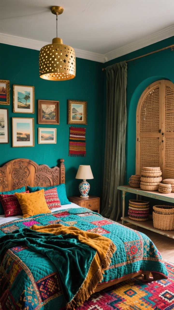 Overhead/detail hybrid — Bold Boho Box: A richly layered small bedroom scene with deep teal/ink green walls and a carved mango wood headboard partially visible. Bed layered with kantha quilts, embroidered pillows, and a velvet throw in jewel tones: teal, saffron, ruby. A colorful Kilim rug grounds the floor. Rattan wardrobe with arched doors to one side; stacked lidded baskets tucked beneath a console-style nightstand. Solid linen curtains calm the edges. Lighting includes a brass pendant with a perforated shade casting starry patterns, plus ceramic table lamps with hand-painted bases. A gallery wall of travel prints and textiles in mismatched frames completes the look. Cozy, collected mood, photorealistic, no people.