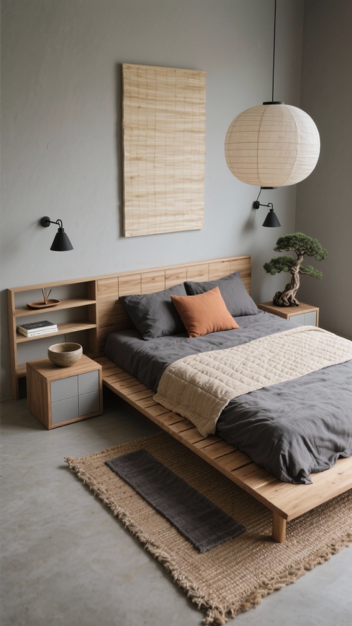 Overhead detail, Japandi Retreat Capsule: A serene composition centered on a low slatted ash platform bed against muted greige walls, styled with stonewashed cotton bedding in charcoal, a sand-toned quilt, and a single clay lumbar pillow. Integrated headboard shelving holds a ceramic bowl, an incense tray, and one book, while cube night tables slide partially under the frame. Above the headboard, a large washi paper artwork provides a natural focal texture. Lighting from a linen drum flush-mount and two black swing-arm sconces is soft and minimal. Flooring shows a tatami-inspired jute rug layered with a small wool runner at bedside; nearby, a single sculptural bonsai adds restrained greenery. Photorealistic, top-down perspective, tranquil Japandi mood.