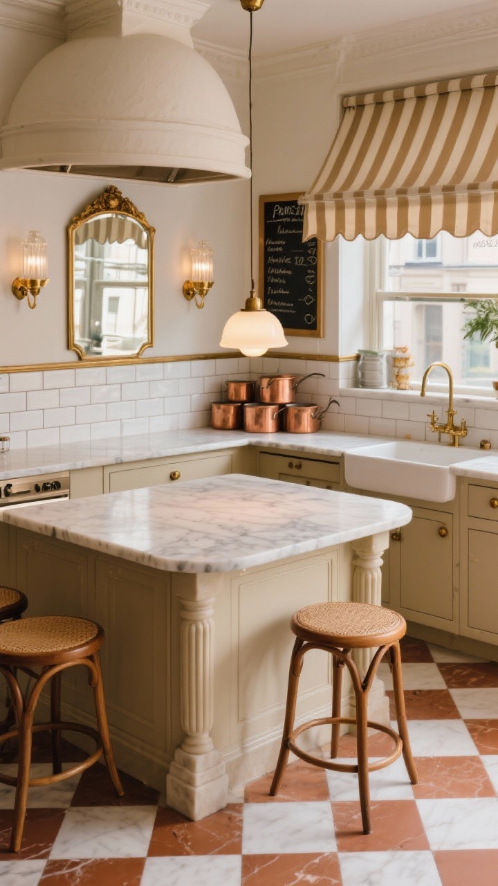 Overhead detail shot: A Parisian bistro-style island vignette with a marble-topped furniture-like island featuring turned legs, two bentwood stools with cane seats tucked beneath, and warm café lighting. Surrounding floor shows a white-and-terracotta checker pattern laid on the diagonal. Nearby counters in creamy limestone with a honed texture meet classic white subway tile with pencil trim; above the sink area, mirrored metro tile reflects light like café mirrors. A curved plaster range hood is visible at the edge, flanked by fluted glass sconces in burnished brass; a single opal glass pendant hovers above the island. Include aged brass knobs on warm putty cabinets, striped café curtains, a chalkboard menu in a gilded frame, a cluster of copper pots, and a striped awning valance over the window. Mood: layered, cozy, Paris 1925 café glow. No people, photorealistic.