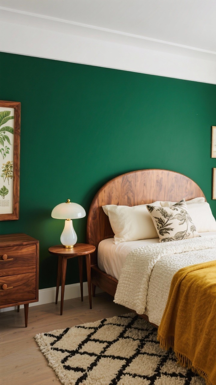 Overhead detail shot: A retro modern jewel box composition highlighting a curved walnut headboard against deep forest green walls meeting a crisp white ceiling. On a petite mid-century nightstand with tapered legs, an opal glass mushroom lamp glows softly, its tiny burnished brass knob accents catching light. A small-scale geometric rug in cream and black patterns frames the bedside, while creamy bedding is layered with a textured saffron throw and a single printed bolster pillow. Edge of a narrow walnut highboy dresser and a glimpse of a floor-length walnut-framed mirror reflect the rich green hue. Vintage botanical prints are partially visible on the wall, creating a stylish, collected, editorial-but-cozy mood. No people, photorealistic.