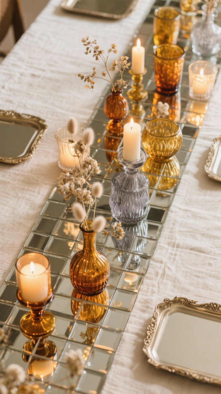 Overhead detail shot: A table runner of mirrored tiles and thin antique trays reflecting clusters of amber, smoke, and honey glass vessels of varied sizes, each with LED taper candles casting warm reflections. Sprigs of dried lunaria, bunny tails, and bleached ruscus tucked between vessels. Ivory or sand linens as a soft base. Palette of amber, honey, smoke, soft gold, and ivory. Emphasis on glow, reflections, and glass textures; photorealistic, no people.