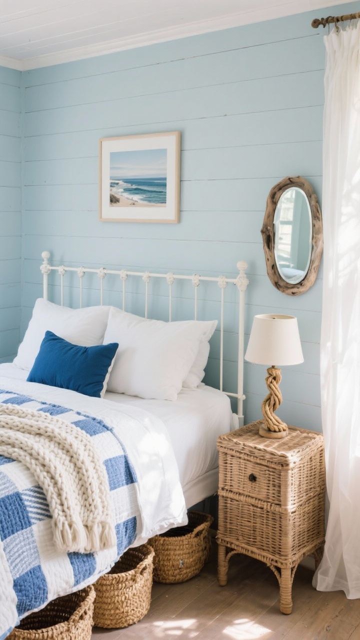 Overhead detail shot: Coastal compact cottage bed styling. White iron bed frame partially visible, layered with crisp white sheets, a blue-and-white striped quilt, and a chunky knit throw at the foot. Pillows arranged neatly: two standard shams and a single blue lumbar. On one side, the corner of a wicker/cane nightstand with a rope-accented table lamp base and a driftwood-style mirror edge catching light. Soft light-blue wall tone implied; white shiplap texture peeks along the headboard wall. Accessories: framed coastal photography corner, seagrass baskets under-bed edge visible, and sheer white curtain fabric softly diffusing sunlight. Breezy, sunwashed charm, photorealistic.