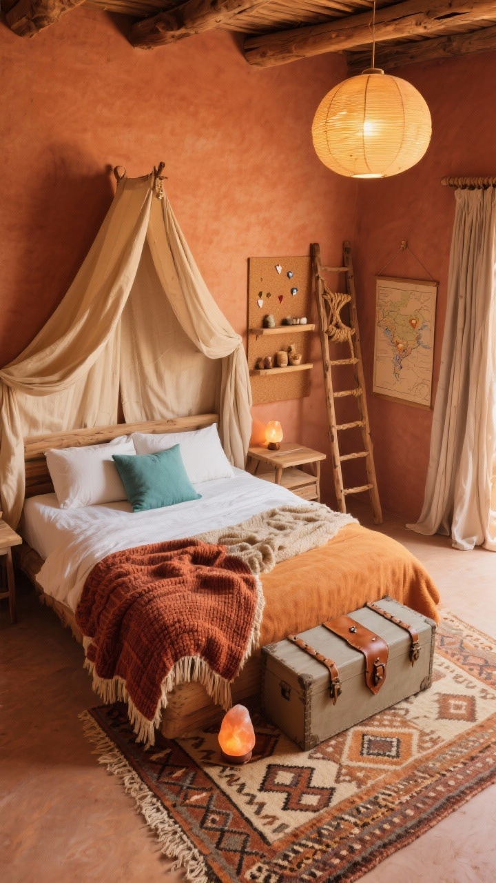 Overhead detail shot, Desert Dreamer: Top-down view of a warm terracotta clay-toned wall meeting a wooden canopy bed draped with a sand-colored canvas canopy, textiles layered in sand, rust, and ochre with a hint of turquoise in a pillow. At the foot of the bed, a low storage trunk with leather pulls; nearby, a patterned kilim rug displaying earthy geometric motifs. A section of a woven tapestry hung as art on the main wall visible at the edge, raw wood textures, chunky knit throw, and leather accents. A narrow ladder desk against the wall with a corkboard panel featuring a map and pins, linen curtains in place of closet doors softening the scene, rope shelf with small treasures. Warm dome pendant and a subtle glow from a salt lamp suggest golden-hour desert light. Photorealistic, high-contrast sunset warmth.